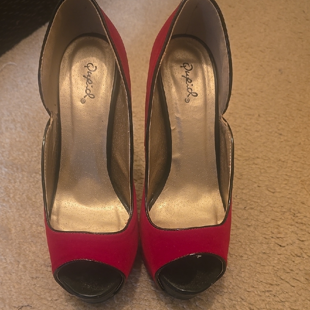 Qupid Red Peep-Toe Heels